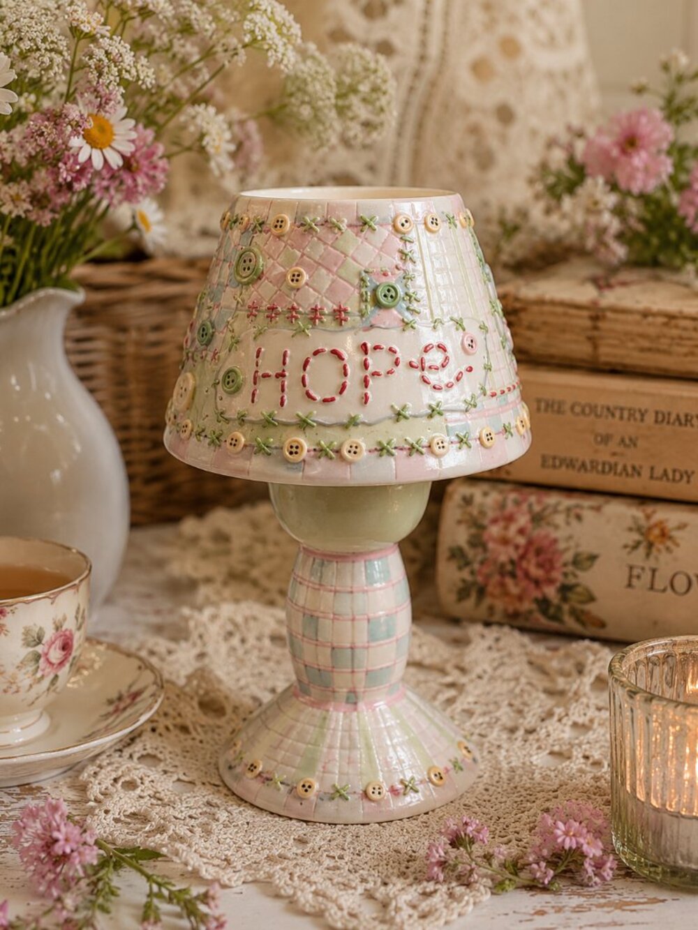Taryn Reece Quilt Collection Ceramic Votive Holder Lamp Faith Hope Love Pastel C